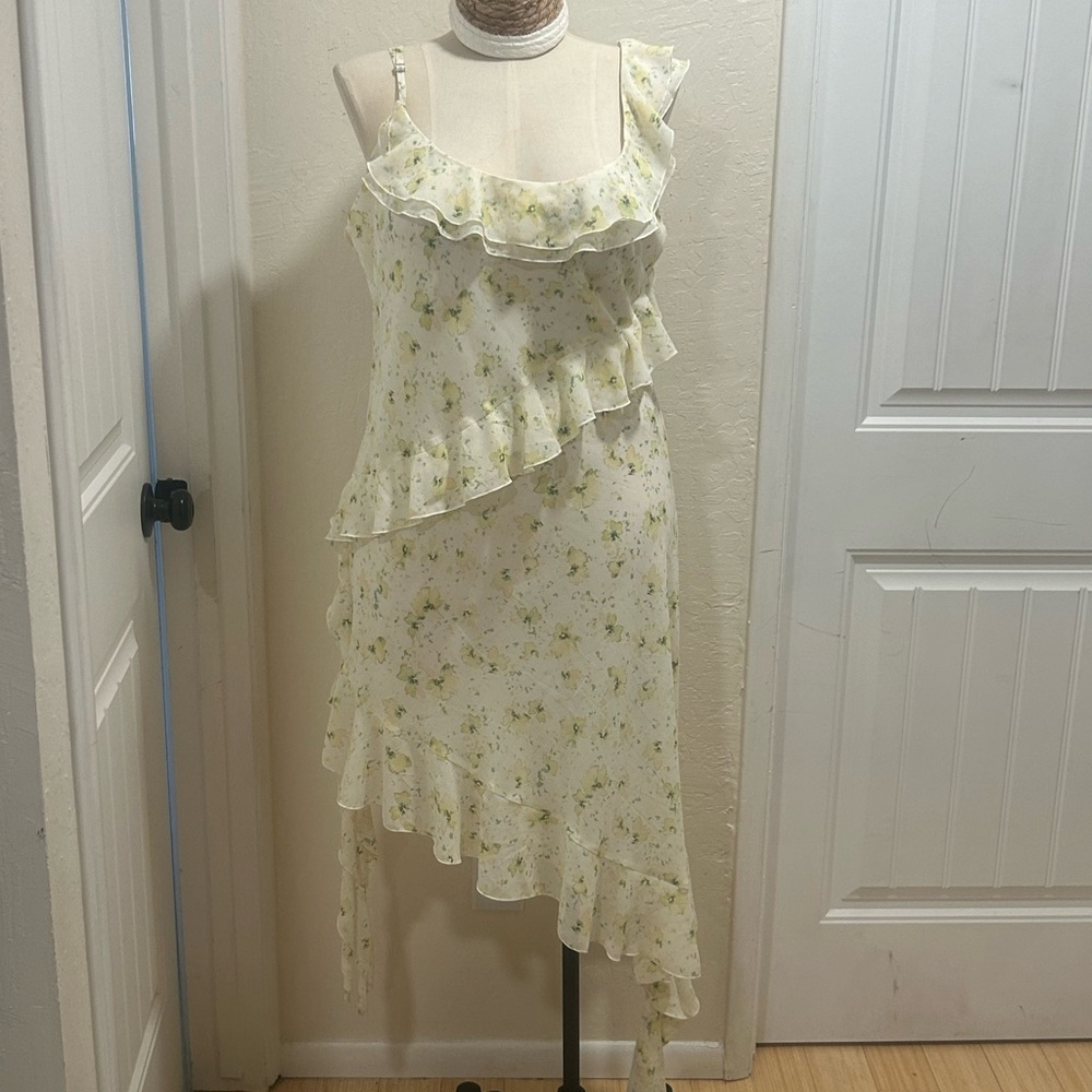 Forever 21 Cream Floral Asymmetrical Ruffle Slip Dress